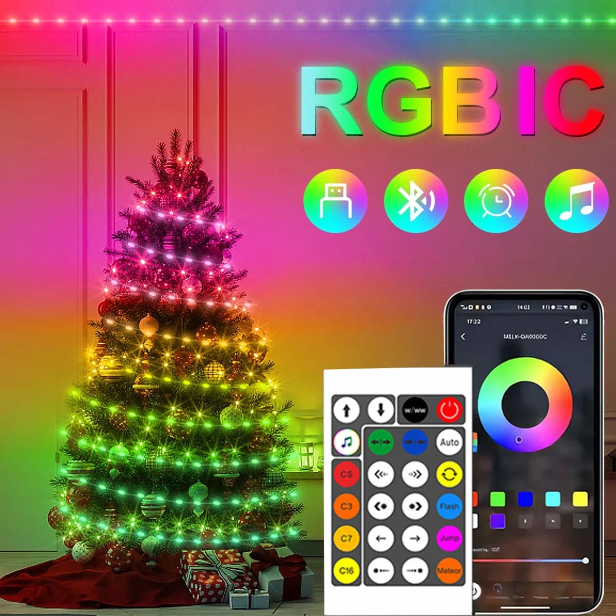 ไฟเส้น LED RGBIC ยาว 20M เชื่อมต่อ Bluetooth, USB
