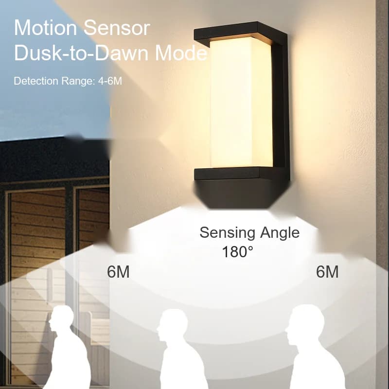โคมไฟผนัง LED สีดำทันสมัย กันน้ำ มีเซ็นเซอร์ตรวจจับการเคลื่อนไหว