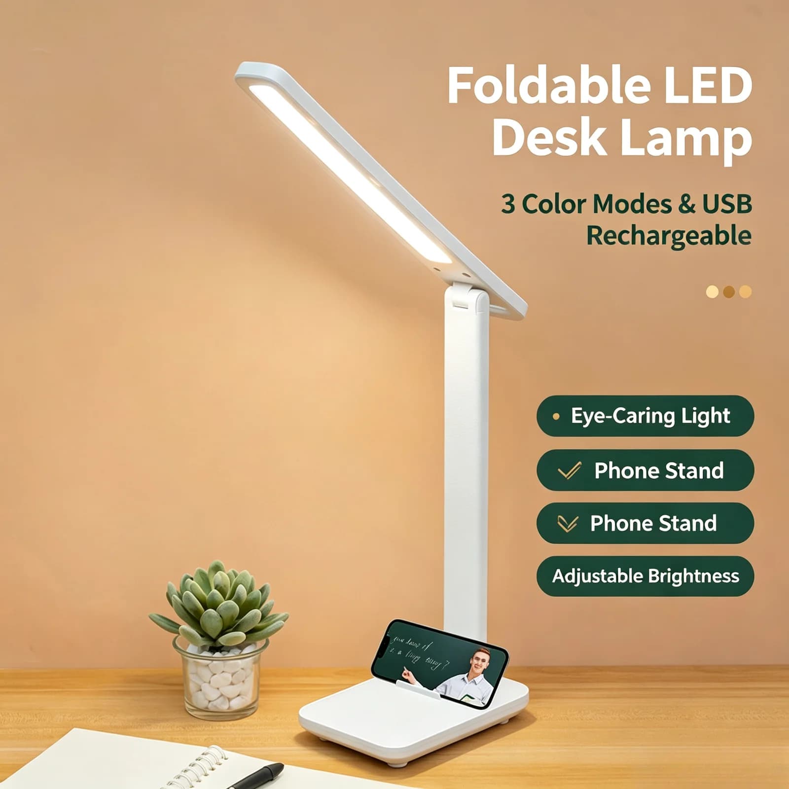โคมไฟตั้งโต๊ะ LED พับได้ ชาร์จ USB มีที่วางโทรศัพท์