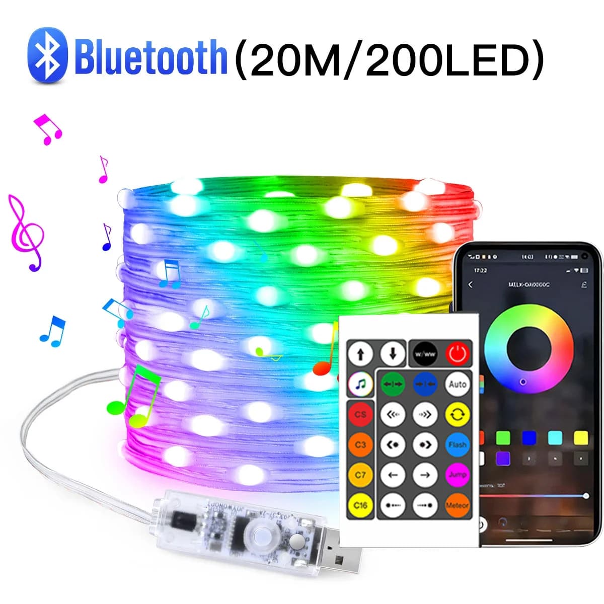 ไฟเส้น LED RGBIC ยาว 20M เชื่อมต่อ Bluetooth, USB