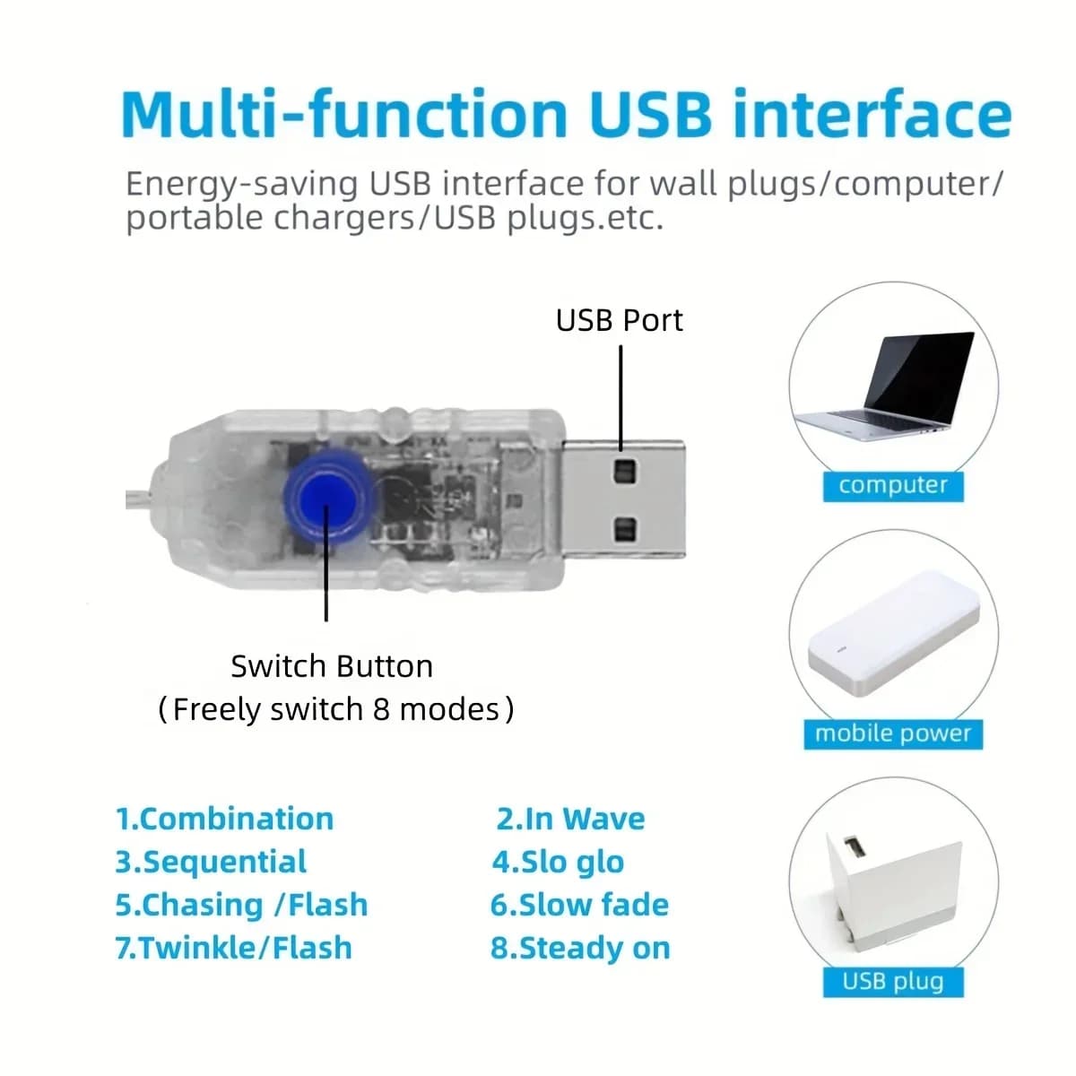 ไฟเส้นน้ำตก USB สีวอร์มไวท์ สำหรับคริสต์มาส