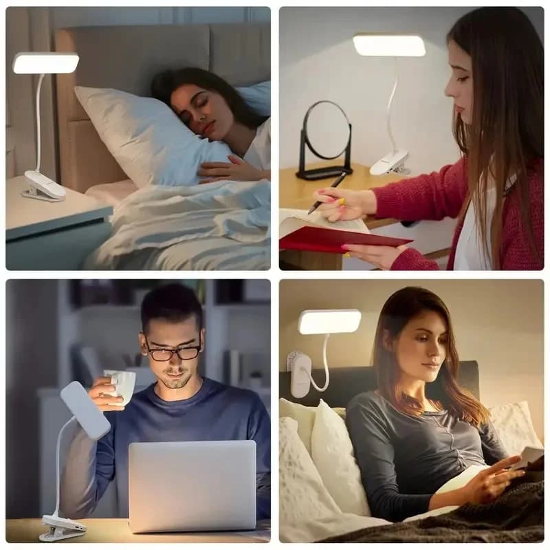 โคมไฟข้างเตียง LED แบบหนีบ ชาร์จ USB ได้ ปรับแสงได้