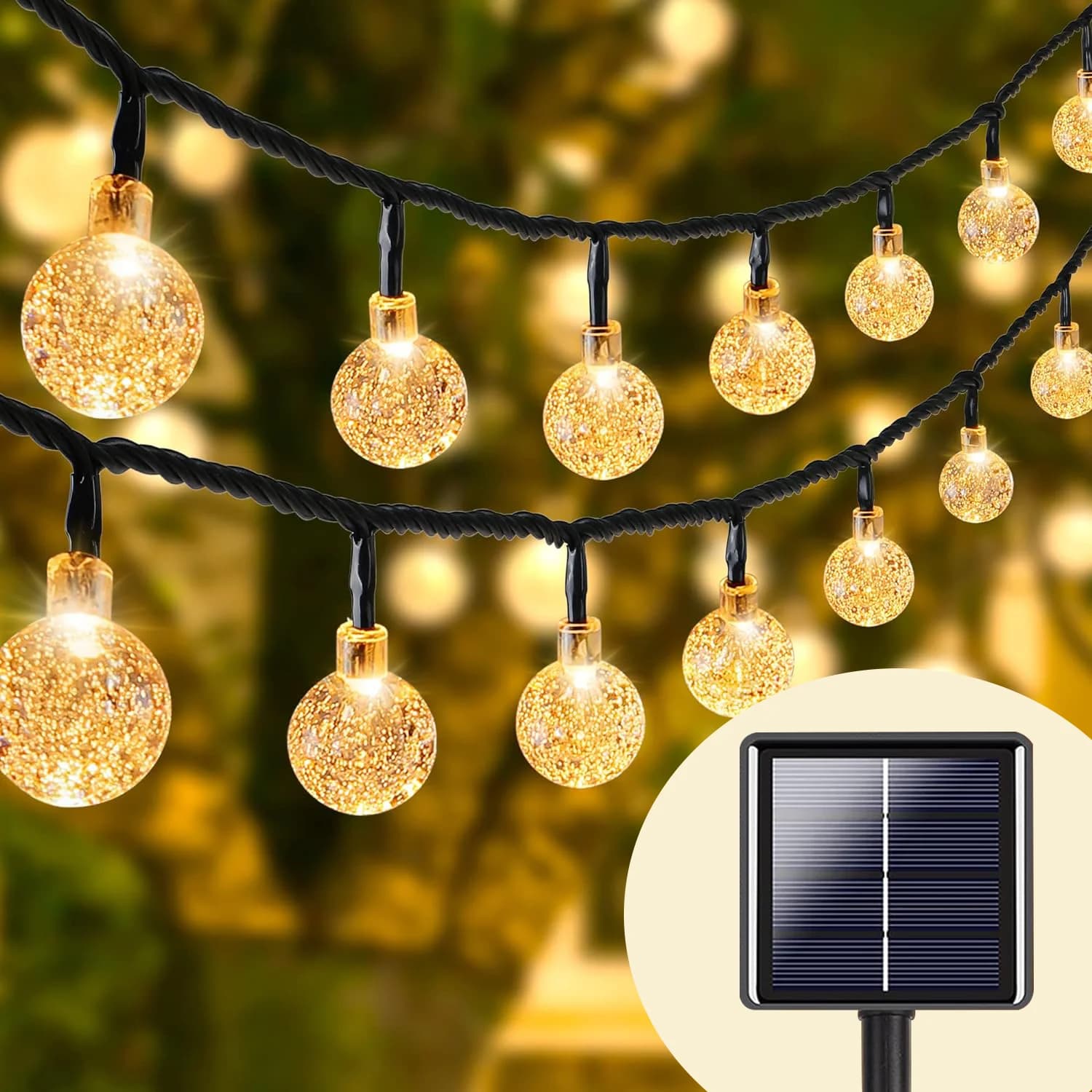 ไฟเส้นลูกแก้วคริสตัล LED โซลาร์ แสงวอร์มไวท์ สำหรับกลางแจ้ง